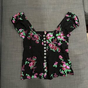 Free People Black Blouse with Pink Floral Design NWT New